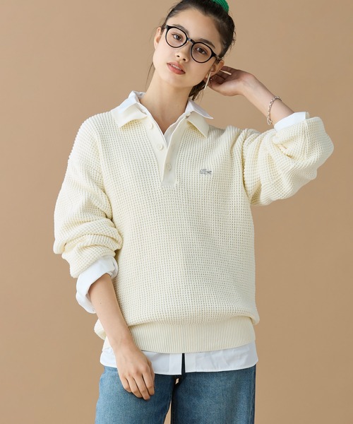 Lacoste ピンク ニットポロセーター ラコステ LACOSTE オーガニックコットンニットカーディガン （ピンク