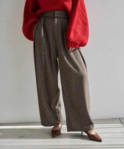 meilmada スラックス パンツ レザーライクパイピングツイードワイド