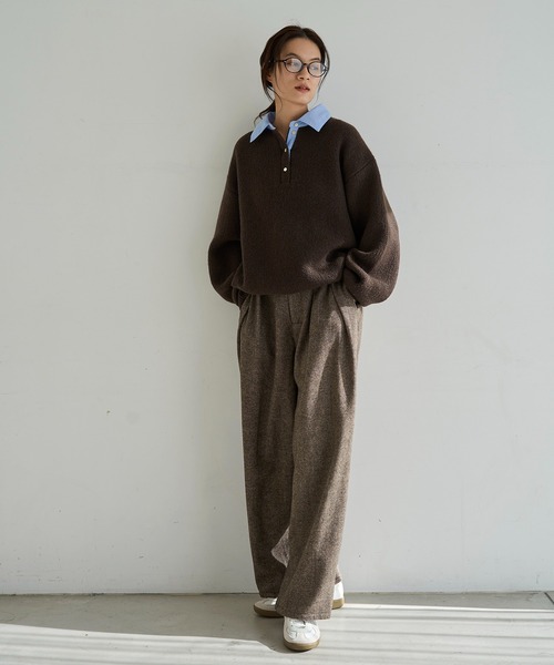 meilmada スラックス パンツ レザーライクパイピングツイードワイド