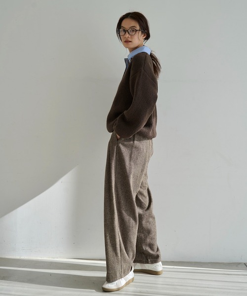 meilmada スラックス パンツ レザーライクパイピングツイードワイド