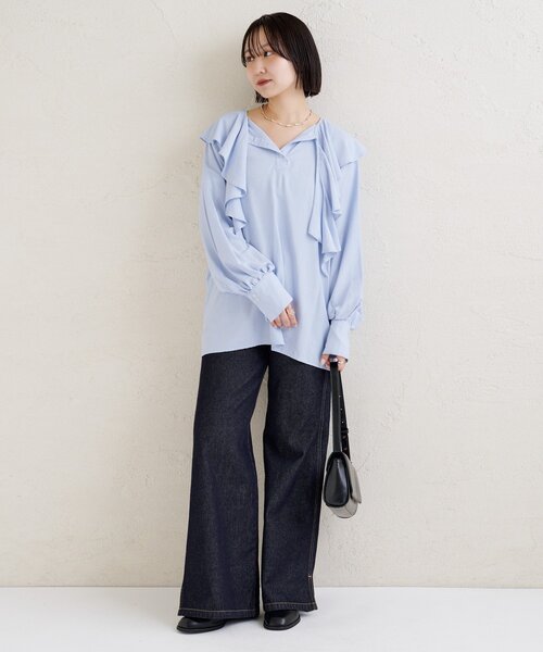新品、タグ付き、ブラックブラウス ビッグスリーブタイプライターブラウス(1 DARK GREY): : ウィメンズ