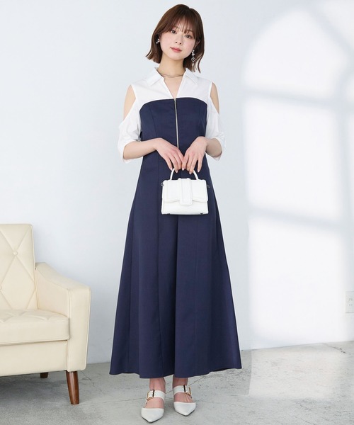 Elishe ワンピース 夏 半袖 ジップデザインシャツドッキングワンピース