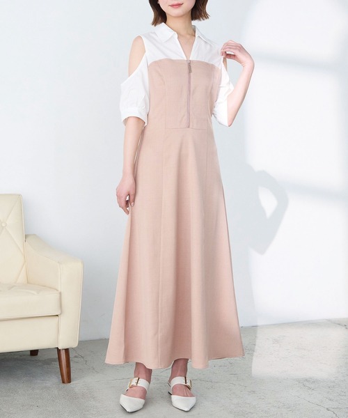 Elishe ワンピース 半袖 ジップデザインシャツドッキングワンピース