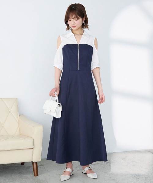 Elishe ワンピース ジップデザインシャツドッキングワンピース