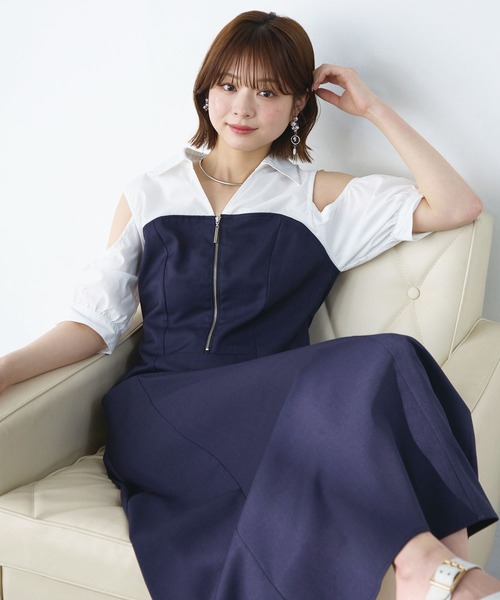 Elishe ワンピース ジップデザインシャツドッキングワンピース