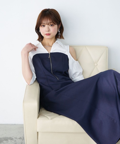 Elishe ワンピース ジップデザインシャツドッキングワンピース