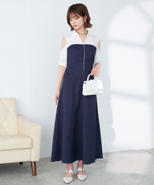 Elishe ワンピース ジップデザインシャツドッキングワンピース