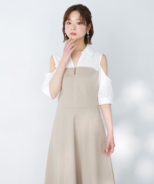 Elishe ワンピース 半袖 ジップデザインシャツドッキングワンピース