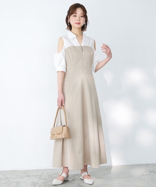 Elishe ワンピース 半袖 ジップデザインシャツドッキングワンピース