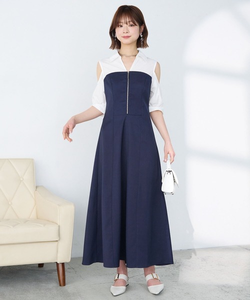 Elishe ワンピース ジップデザインシャツドッキングワンピース
