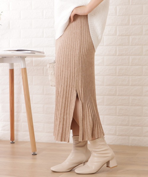 Lace Ladies スカート スリット入りニットプリーツロング