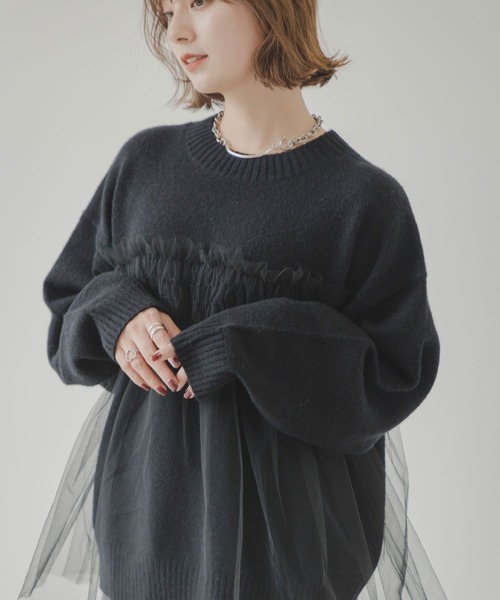 新品タグ付き♡チュールハイネックニット ショルダーチュールフリルハイネックニット【洗濯機OK/抗ピル