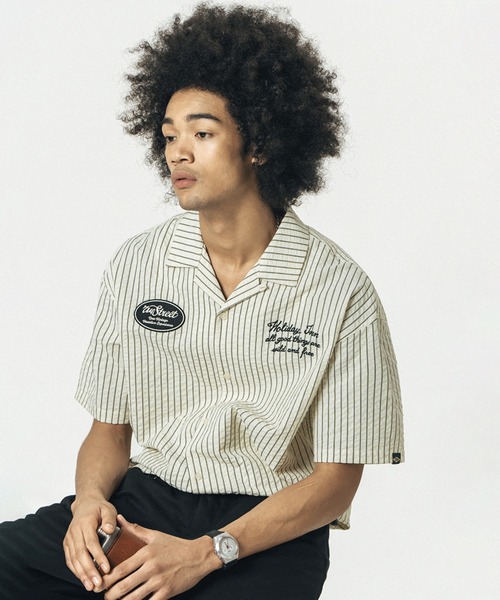 シャツ ロゴ刺繍ストライプ柄半袖ボーリングシャツ オーバーサイズ ユニセックス 7ST24S1TP06「714street」 メンズ レディース