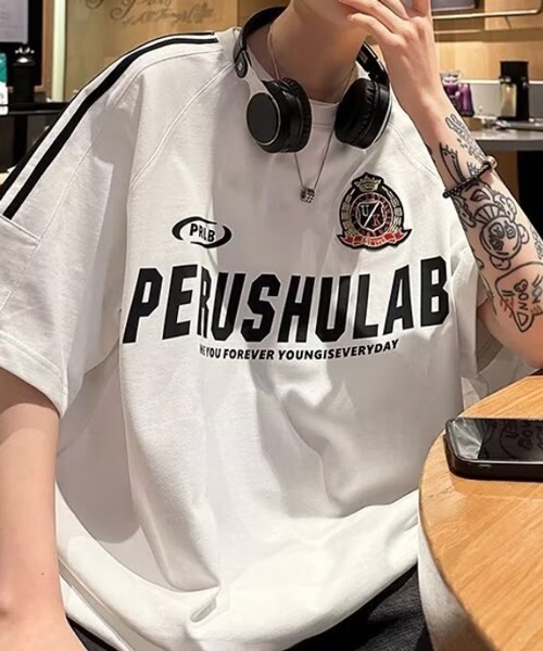 【古着】rawlings✖️DEPAUW ゲームシャツ　34番 NOWLE（ノウル） tシャツ 「NOWLE」エンブレム ワッペン付き ライン柄