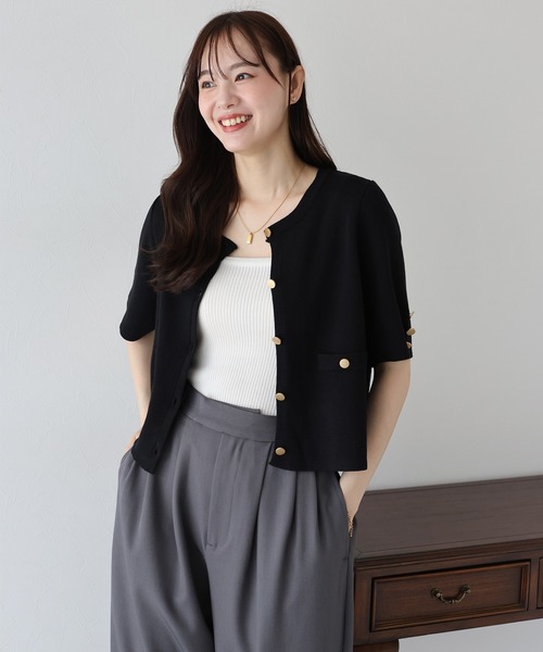 金ボタンノーカラー半袖ニットカーディガン BLUEEAST カーディガン 金ボタン半袖ニットジャケット
