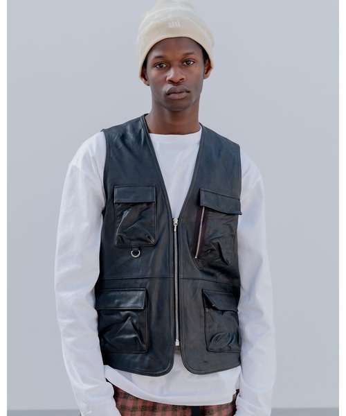 ベスト ジレ LEATHER 4POCKET VEST メンズ レディースの画像