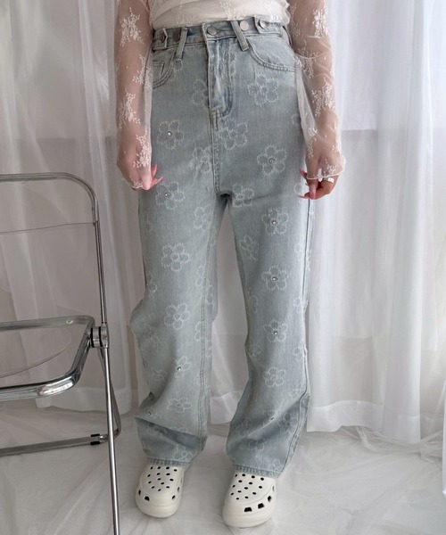 ワイドパンツ ジーンズ デニム デニムパンツ ビジューフラワーモチーフ