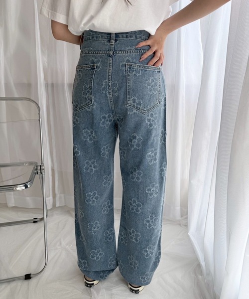 ワイドパンツ ジーンズ デニム デニムパンツ ビジューフラワーモチーフ
