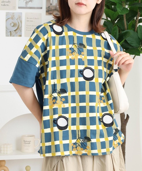 tシャツ EMAGO チェックプリント刺繍Ｔ レディース