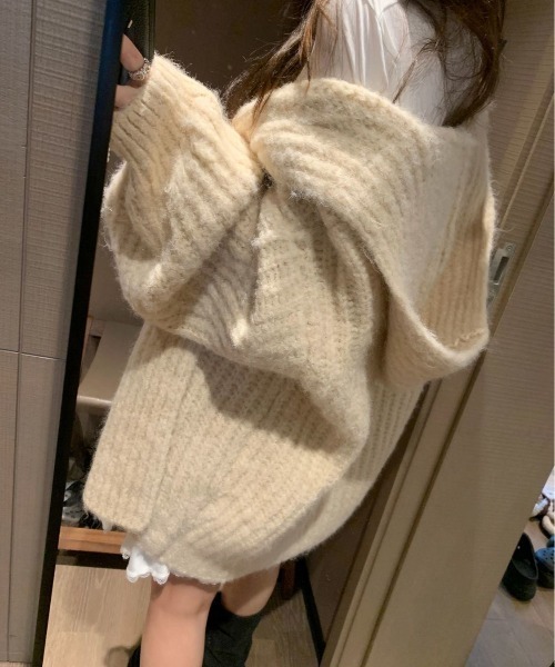 フード付きベージュニットカーディガン フード付 ニット カーディガン アウター レディース アプリコット