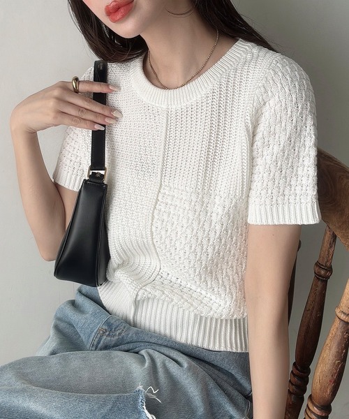 「Meiru」 半袖ニット LARGE ベージュ レディース_画像6