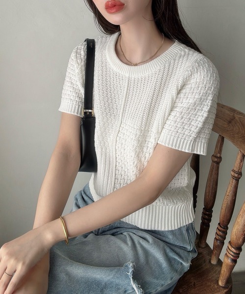 「Meiru」 半袖ニット LARGE ベージュ レディース_画像7