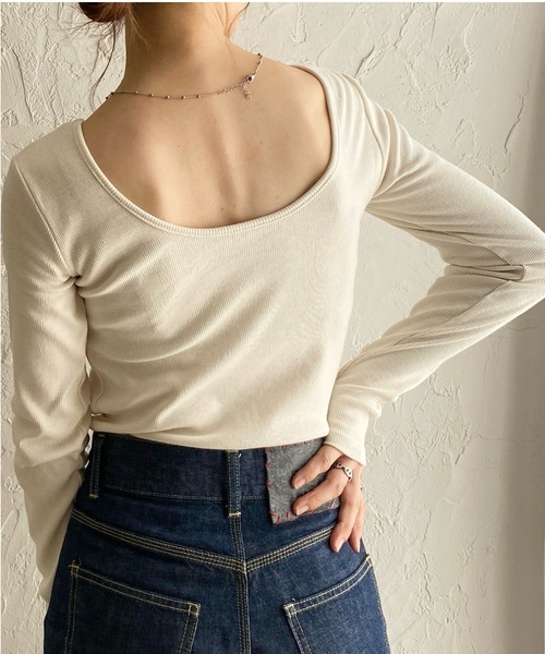 She's Closet tシャツ 長袖ボートネックカップ付きバックオープン