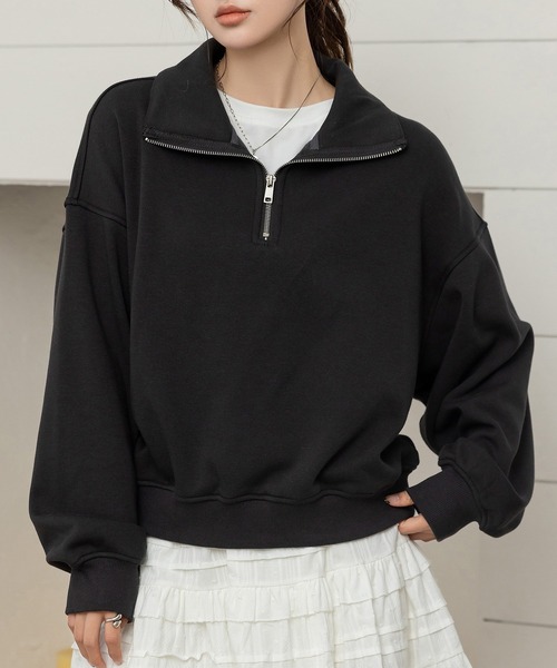 PRIVEVE×かれん　ハーフジップスウェット　ブラック DAY CLOSET トレーナー スウェット 「裏起毛/2WAY/ハーフジップ