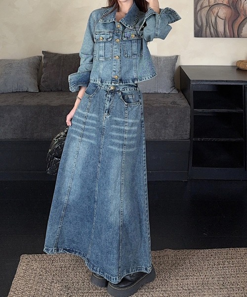 【2点セット】エコデニム クルージャケット、エコデニムドレス Aelina セットアップ 襟付きシングルブレストジャケットハイウエスト