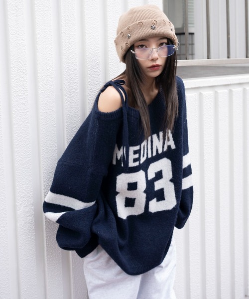 紗栄子my apparel  2wayクルーネックニット（ネイビー） 洗える】ダブルフェイスクルーネックモールニット