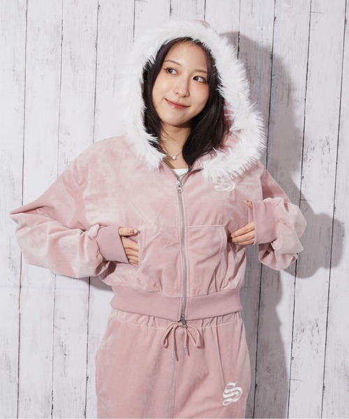 パーカー 「ファーフード×ベロア素材」レディース ジップパーカー