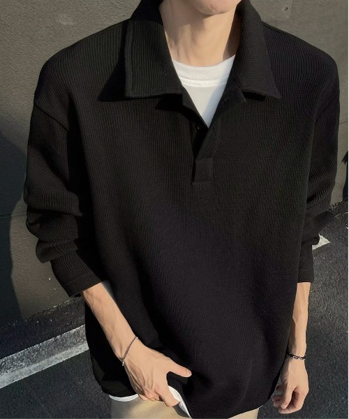 link lot ポロシャツ フェイクレイヤードワッフルロングスリーブ