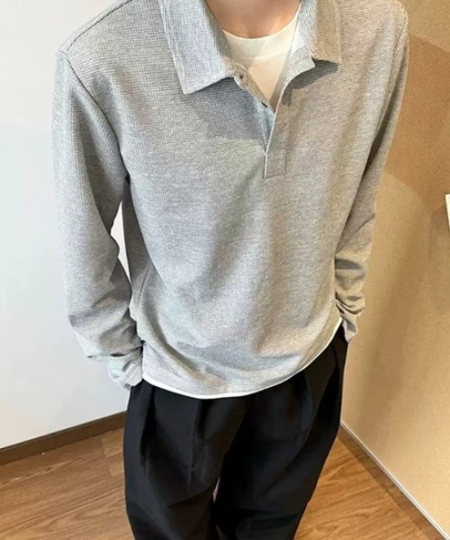 link lot ポロシャツ フェイクレイヤードワッフルロングスリーブ