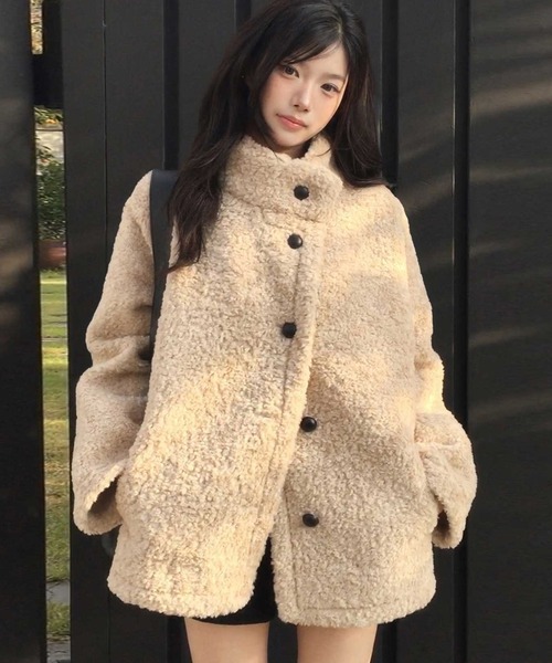 ブルゾン アウター ボアスタンドカラー裏起毛ミドルコート レディース