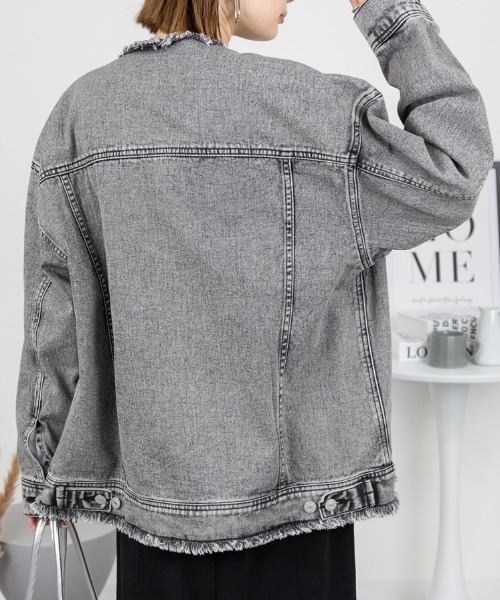 デ・プレ ソフトデニム ノーカラージャケット ダメージ加工 グレー系 