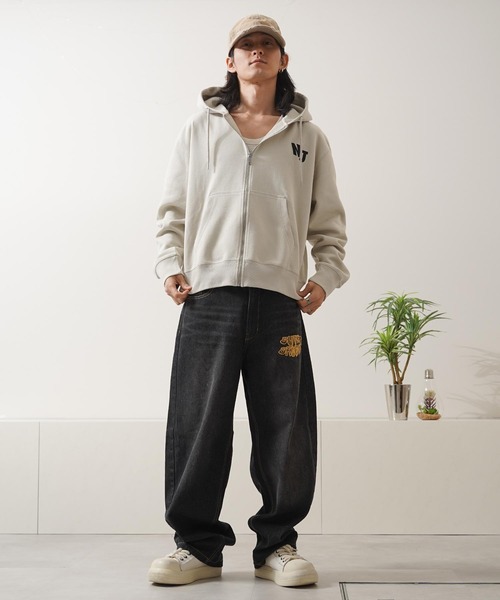 ワイドパンツ ジーンズ チェック柄 バックアーチ ワイドデニムパンツ