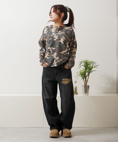 ワイドパンツ ジーンズ チェック柄 バックアーチ ワイドデニムパンツ