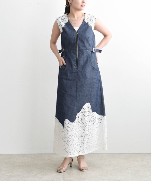 【土曜まで値下げ】Eimee Law レーストリムボクシィラインZIPワンピース Eimee Law（エイミーロウ） ワンピース レーストリムデニムワンピース