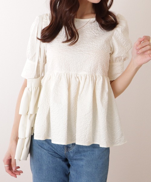 MELT THE LADY バックリボンペプラムトップス　アイボリー Lace Ladies（レースレディース） バックリボン 5分袖 パフスリーブ