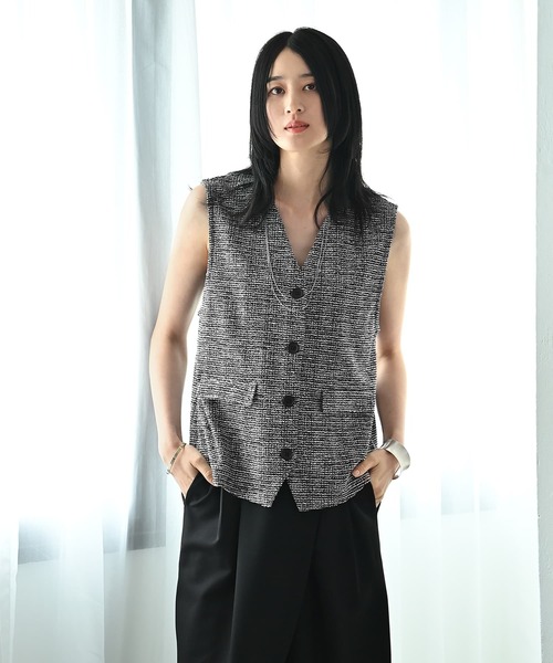 ベスト ジレ 「BLK001」カットライトツイードベスト レディース