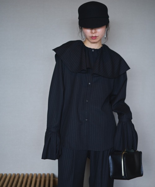 ブラウス シャツ Ruffle pinstripe shirt レディース メンズ oll（ファッション） ブラウス シャツ Ruffle pinstripe shirt