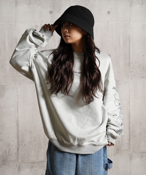 トレーナー スウェット フラワー刺繍 カットスウェード / Floral