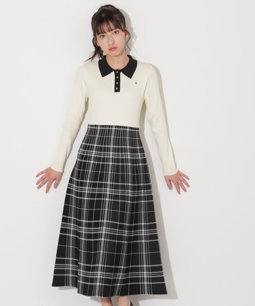 チェック切り替えニットワンピース 3色展開