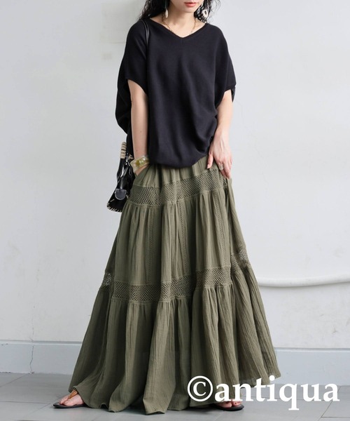 完売カラー！antiqua 新品・タグ付き レースティアードスカート カーキ antiqua スカート レースティアードスカート : ZOZOTOWN Yahoo!店