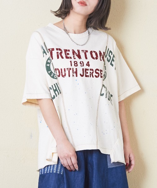 tシャツ トンプキン天竺ケミカル加工リメイク風ビッグTシャツ レディース