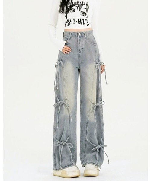 シークレットビーン バックリボン デニムワイドパンツ Mサイズ 【完売品】 シークレットビーン バックリボン デニムワイドパンツ Mサイズ