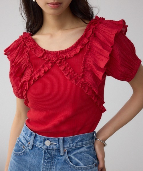 ダークブルー フリル付きトップス AZUL BY MOUSSY | 【堀田茜さん着用アイテム】コンビネーション
