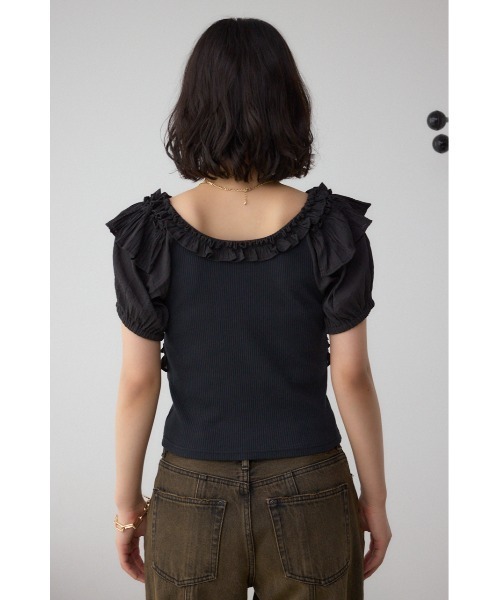 ダークブルー フリル付きトップス AZUL BY MOUSSY | 【堀田茜さん着用アイテム】コンビネーション