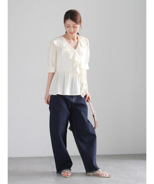 土曜日限定価格！　美品 デパリエ ブラウス シャツ フリル ラッフル DEPAREILLE(デパリエ)｜ラミーツイルラッフルブラウス/ホワイト