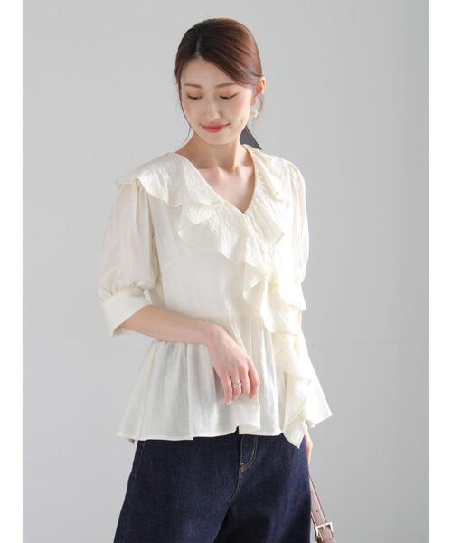 土曜日限定価格！　美品 デパリエ ブラウス シャツ フリル ラッフル DEPAREILLE(デパリエ)｜ラミーツイルラッフルブラウス/ホワイト